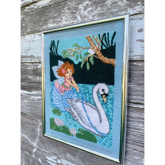 Vintage 1980s Finished Needlepoint picture Fairy Nymph Riding a Swan - Picture 2 of 15